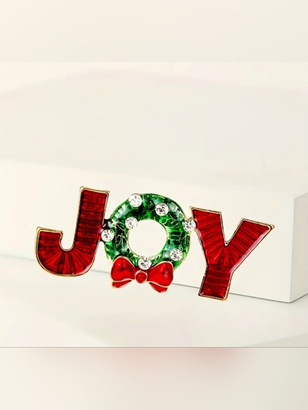 JOY Holiday Enamel Pin with Green Wreath and Red Bow - Picture 3 of 5